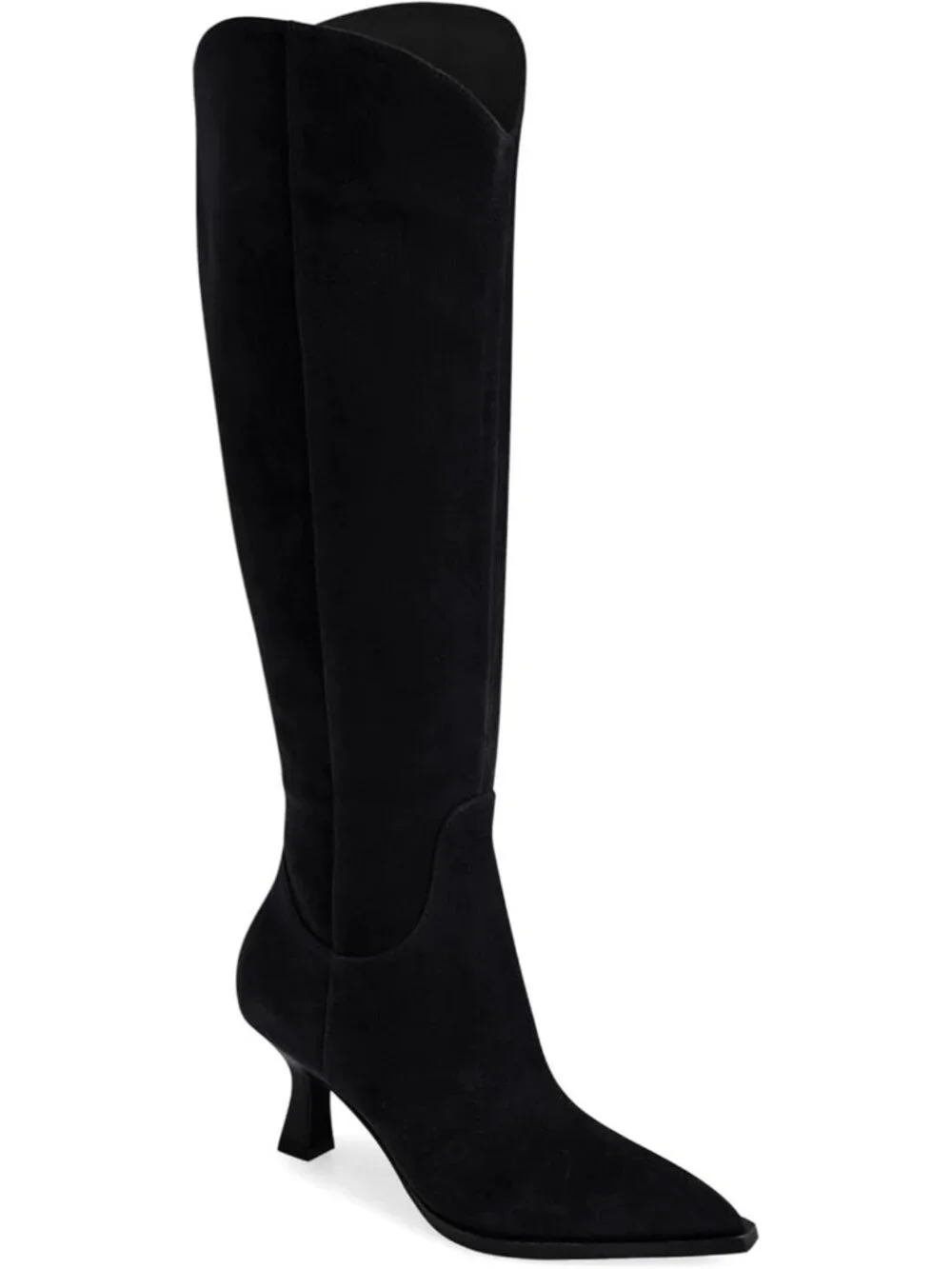 Women's Black Pointed Toe Kitten Heel Side Zipper Wide Calf Knee High Boots